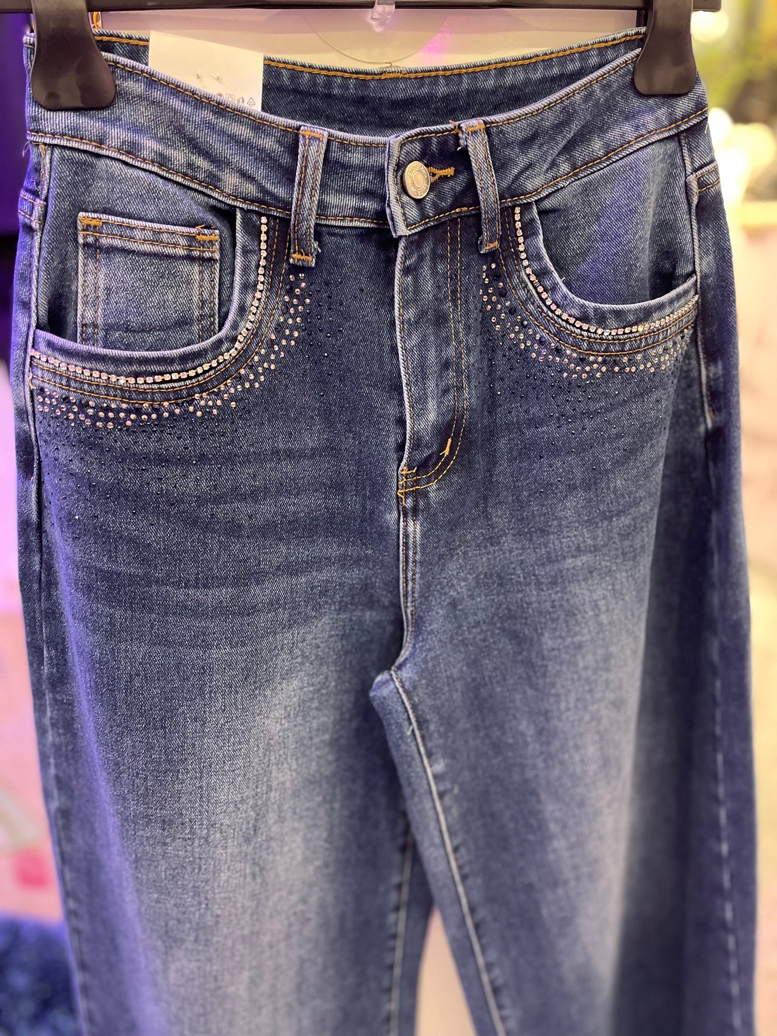 Jeans Wide Leg Denim con Strass