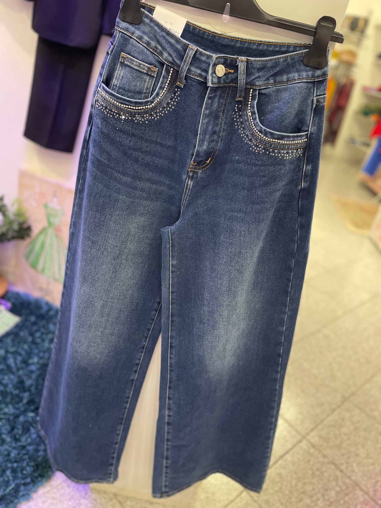 Jeans Wide Leg Denim con Strass