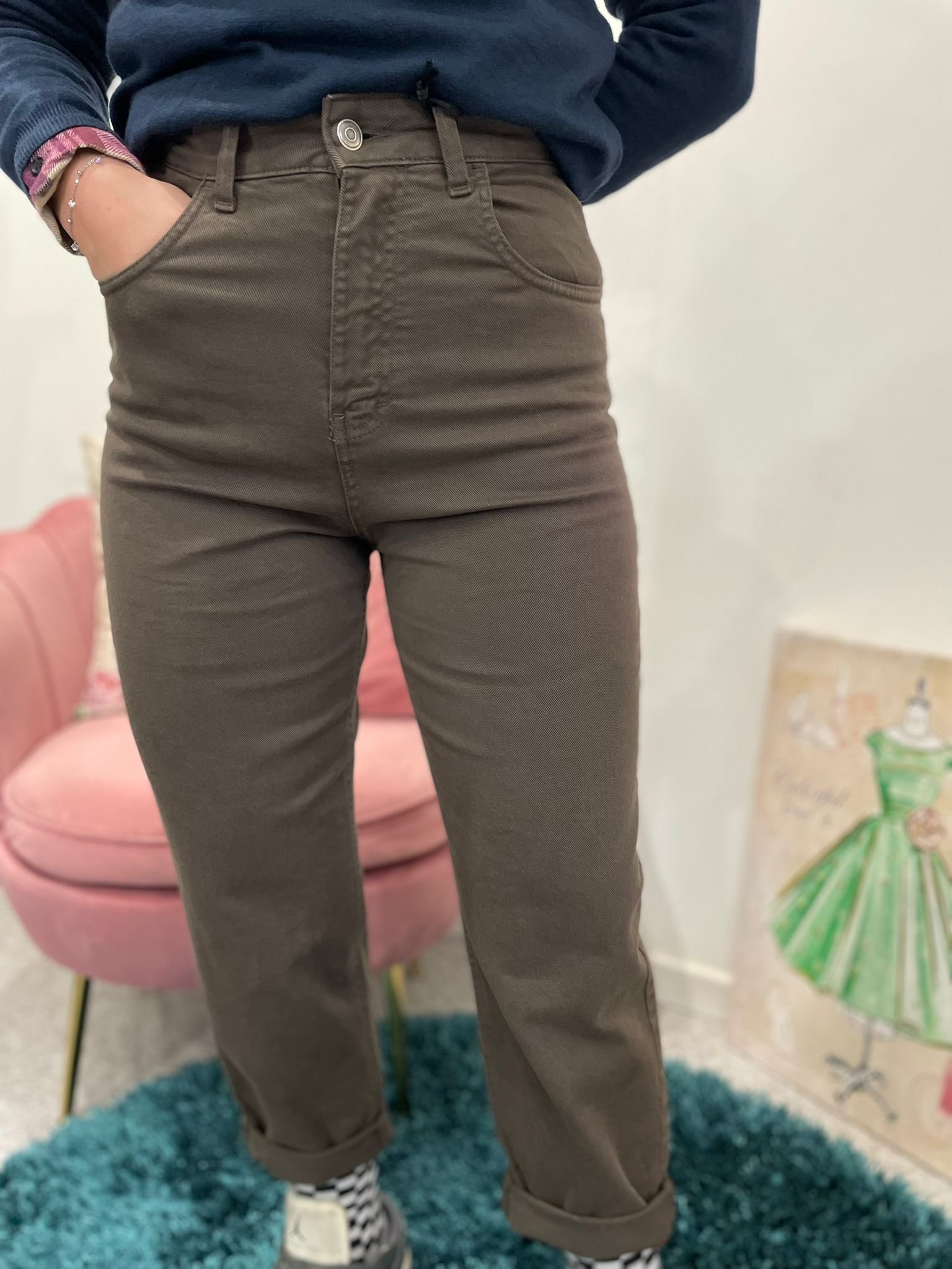 Jeans Mom Fit vita alta-marrone moro